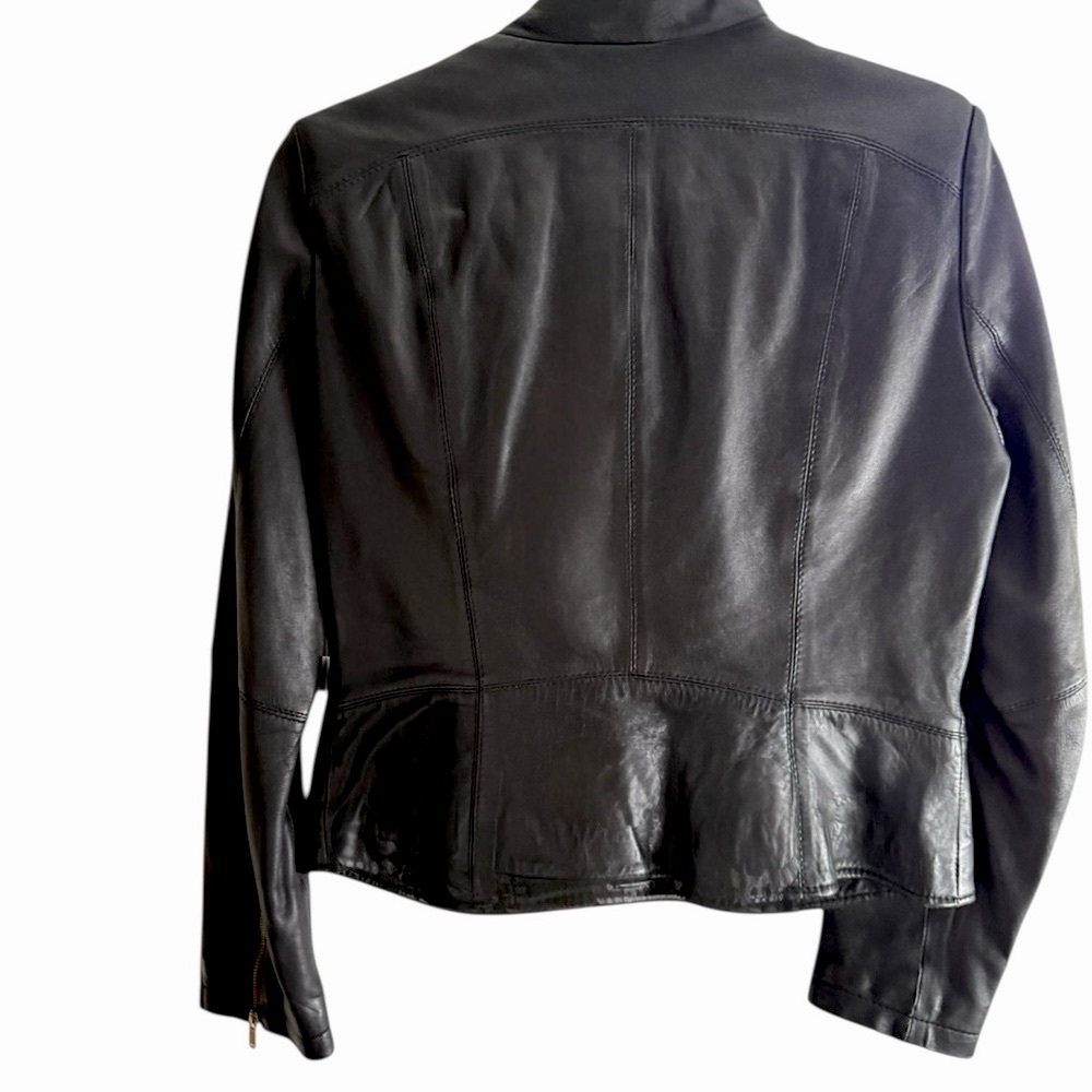 Zara Black Leather Women’s Zippered Moto Jacket, fitted, casual, stand collar, L - Picture 2 of 12